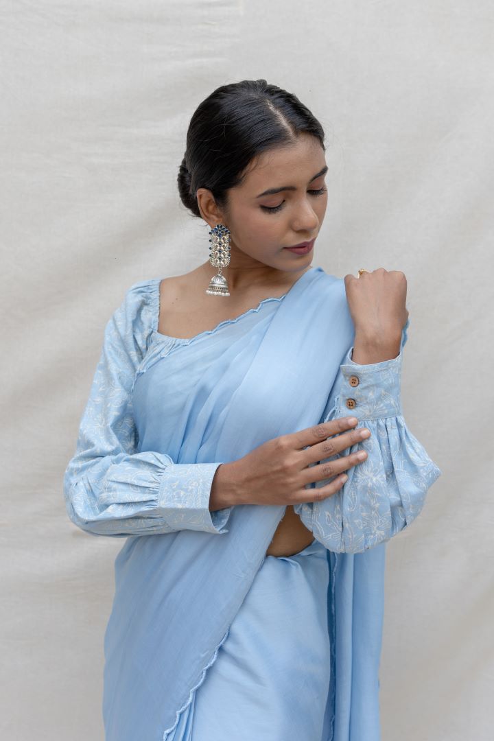 Rose silk organza saree- Blue mist