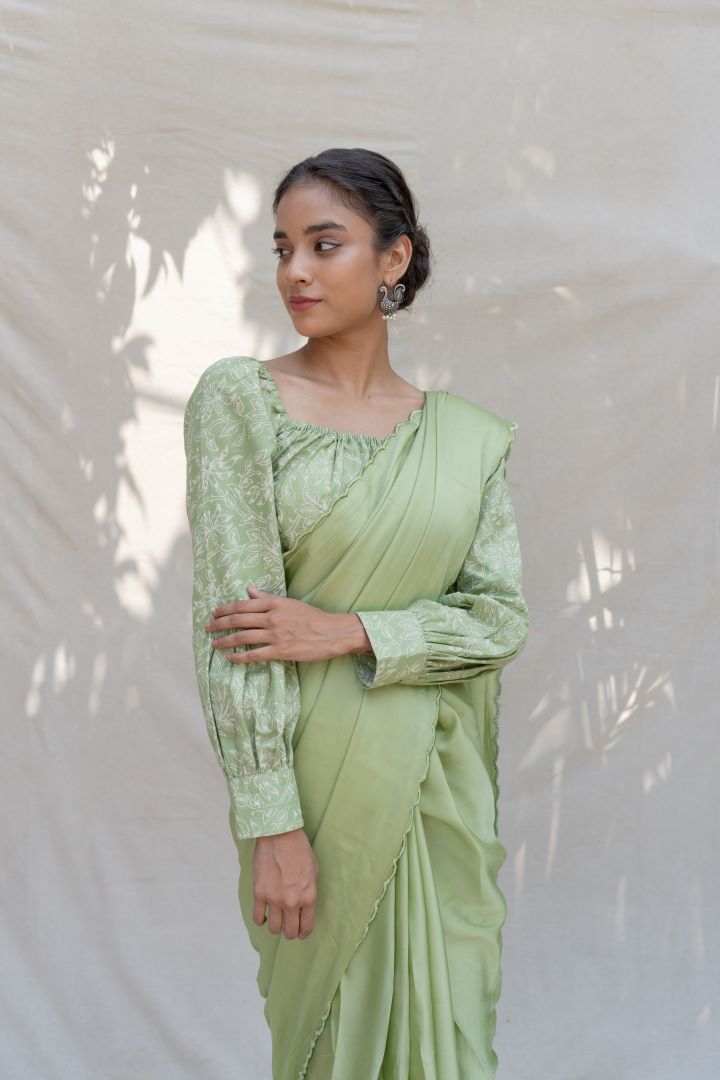 Rose silk organza saree- Moss green