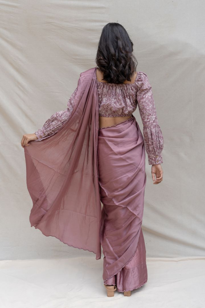 Rose silk organza saree- Woodrose